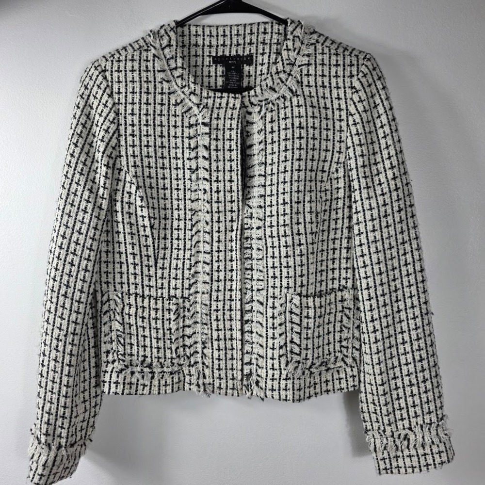 Apostrophe Petite Black White Tweed Fringe Collarless Zip Jacket 8P